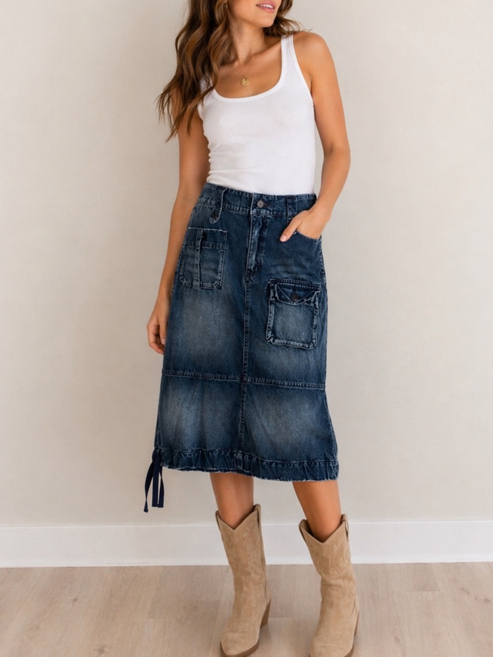 Vintage Ralph Lauren Polo denim midi skirt distressed and utility patch pockets.